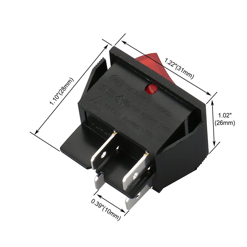 Baomain 1-Pack Rocker Switch with with Red LED Light,ON/Off DPST 4-Pin 16A 250VAC,Snap-in,UL VDE List,for Car Auto Boat Household Appliances Equipment etc - Image 4